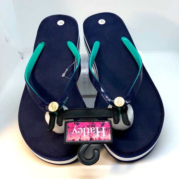 Tidewater Shoes New Hatley Flip Flops Agnes Wedge Navy Blue White